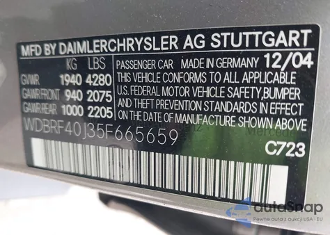 2005 Mercedes-Benz C 230 Kompressor Sport from USA, damaged, VIN WDBRF40J35F665659